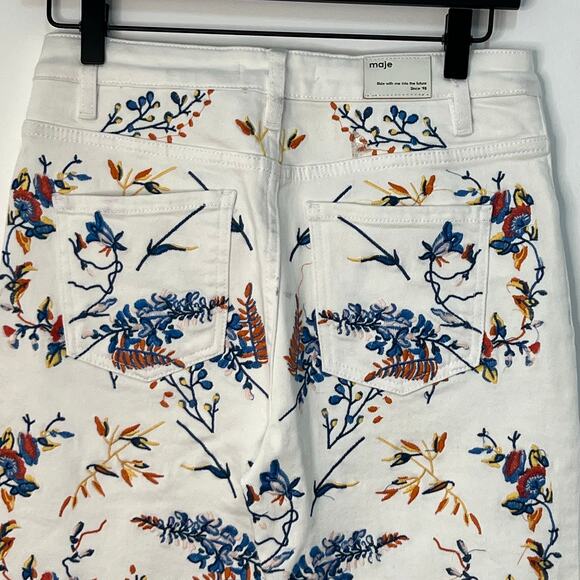 Maje Embroidered Floral Straight Leg Denim Jeans White Blue Size 36 Boho Retro - Picture 9 of 15